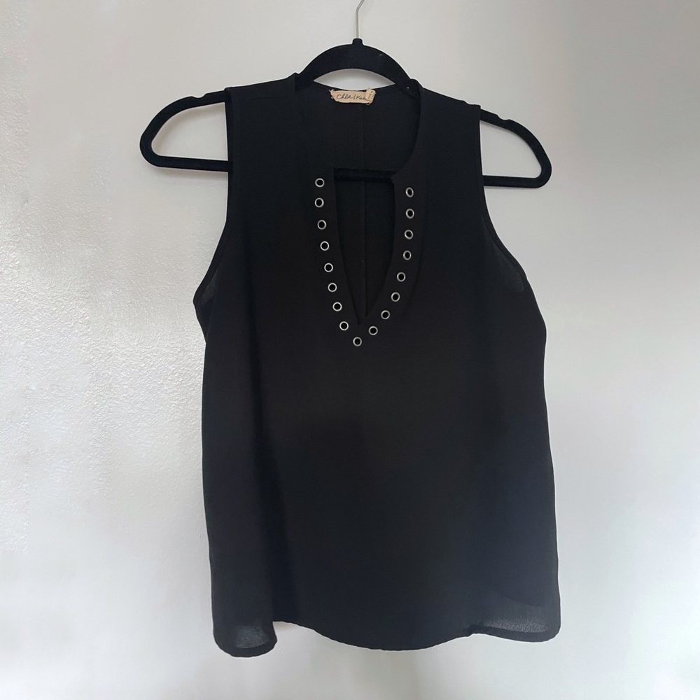 Chloe & Katie Black Vneck Plunge Grommet Tank Sleeveless Blouse